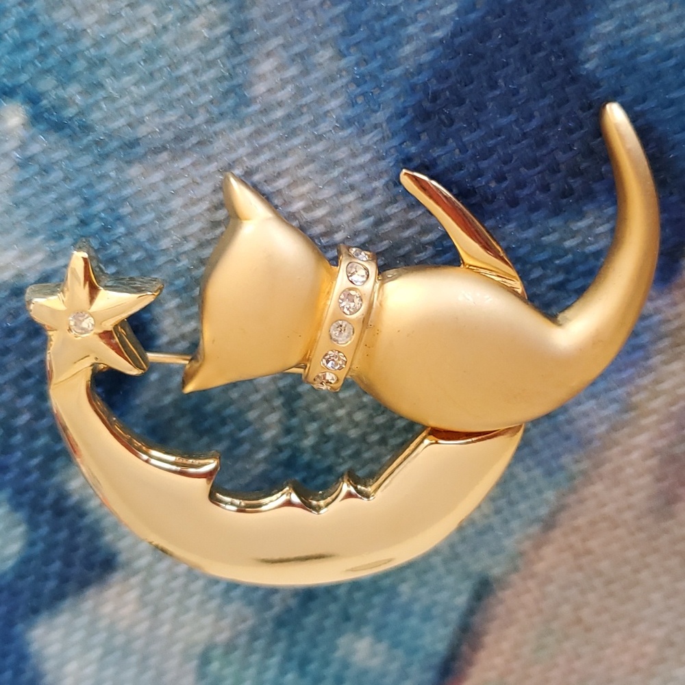 Vintage Cresent Moon & Star with Cat Brooch